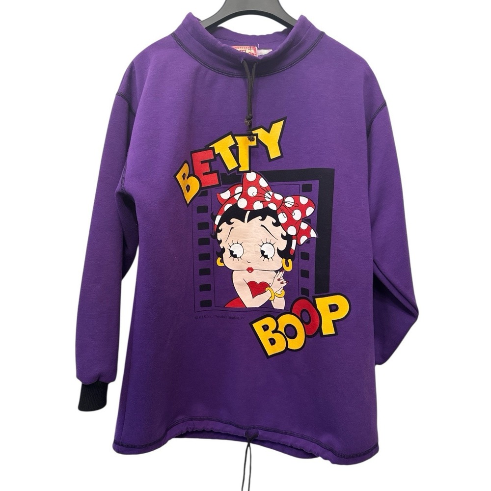 Vintage Betty Boop Retro Y2K Purple Graphic Sweatshirt High Neck Drawstring L/XL